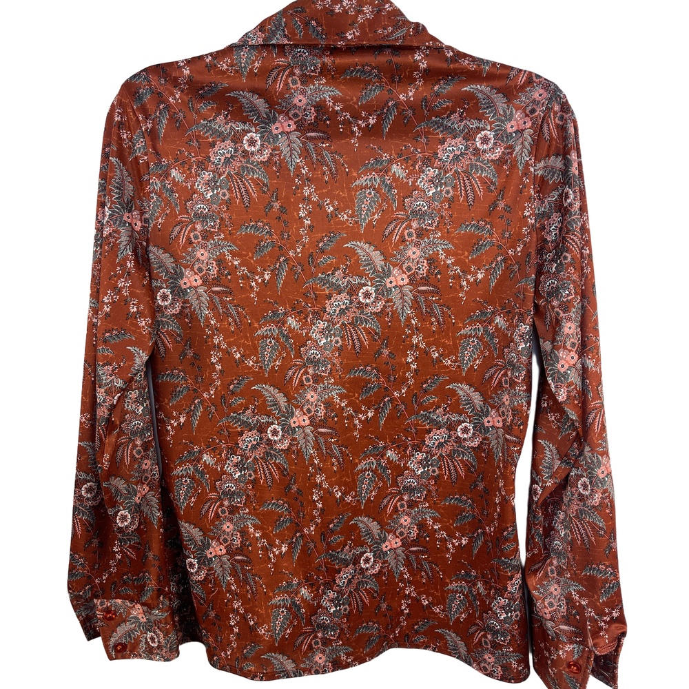 Jantzen Vintage 1970s Floral Long Sleeve Button-Up Satin Blouse Size 14 - Picture 5 of 7